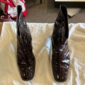 Brown Italian high end patent leather booties.